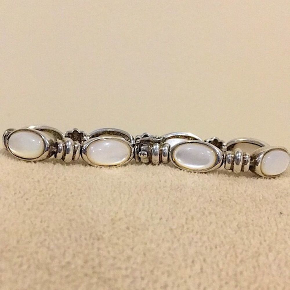 Vintage Mother of Pearl Cabochon Sterling Silver 925 Bracelet - Picture 10 of 12